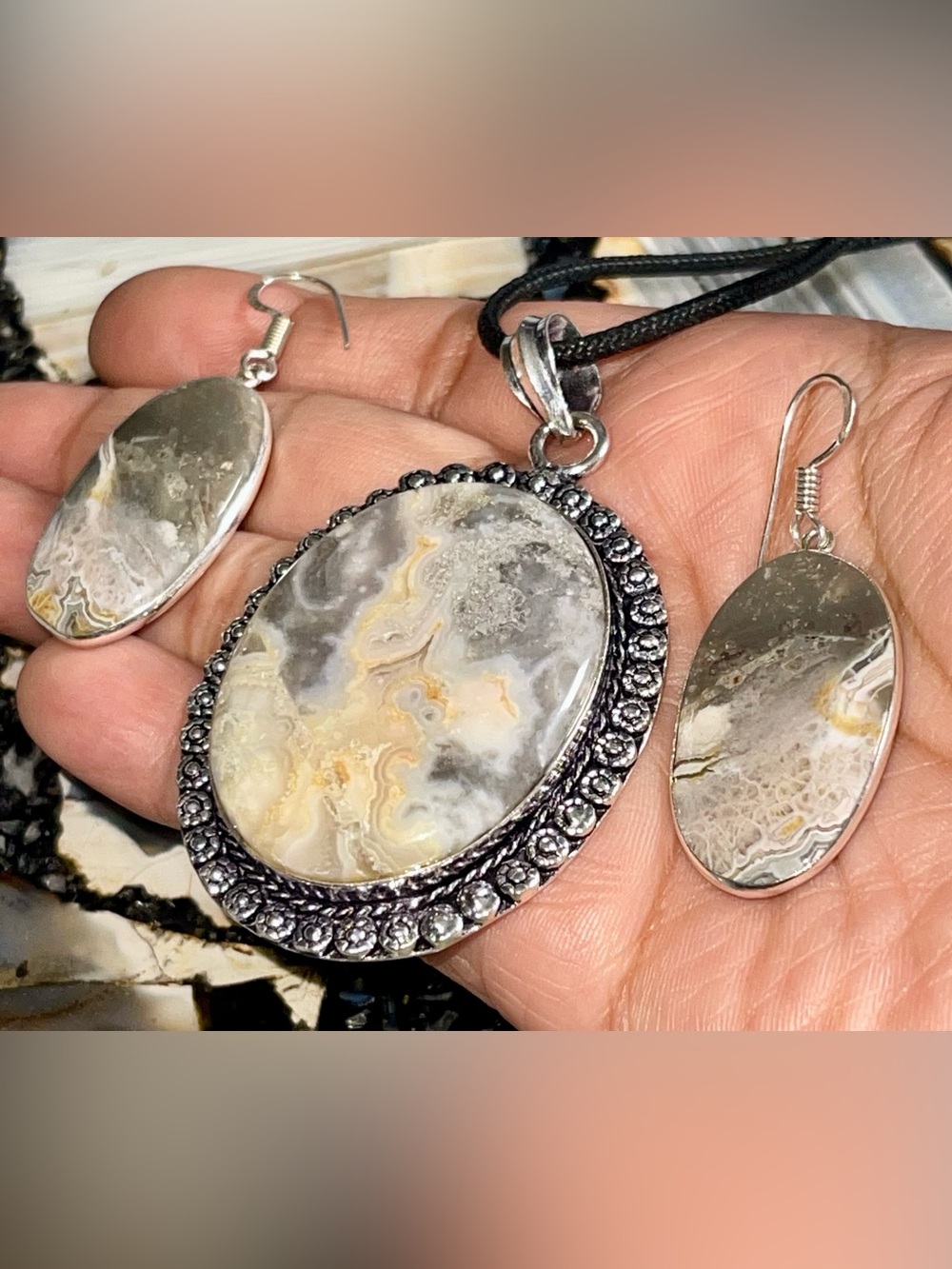 “The Laughter Stone” Crazy Lace Agate Pendant & Earrings Set